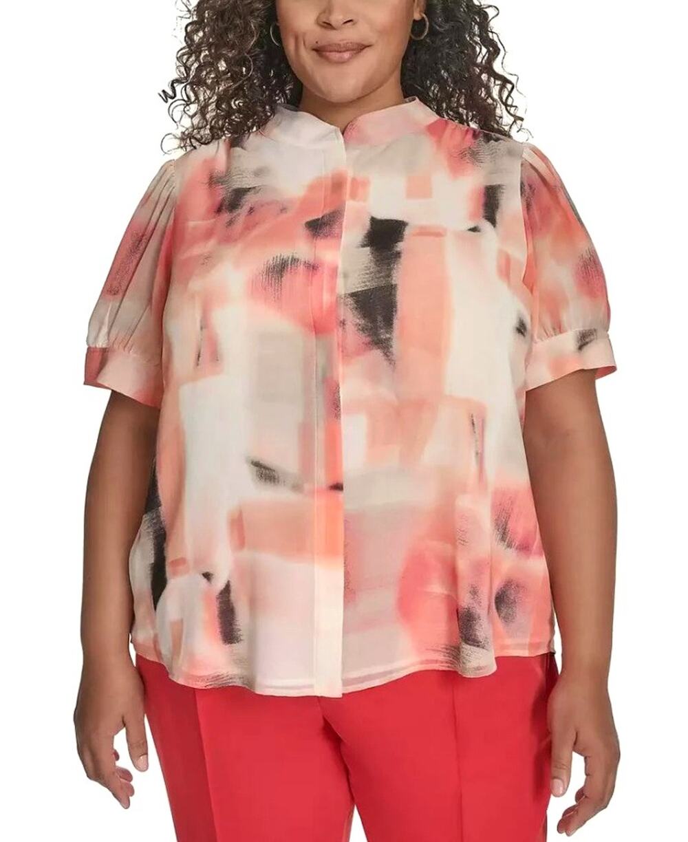 DKNY Women Coral Abstract Print Chiffon Casual Button-Front Blouse Plus Size 1X
